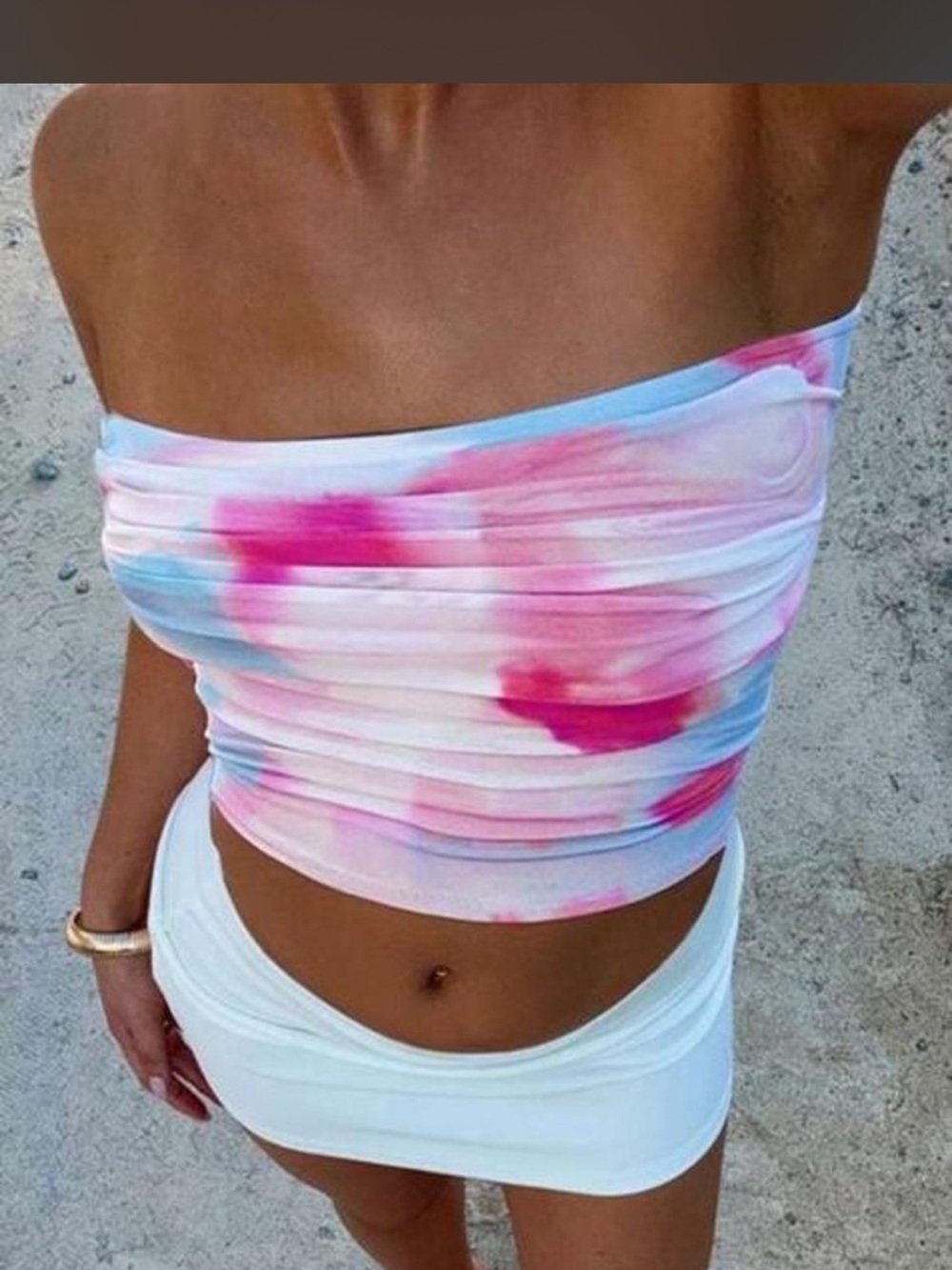 Strapless Tie-Dye Bandeau Crop Top - Pink & Blue